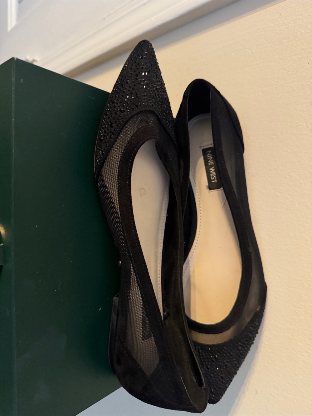 Nine West Black Pointed Toe Mesh Flats with Rhinestone Accents